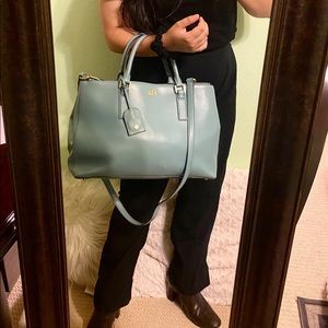 Tory Burch Robinson DoubleZip Blue Leather Satchel